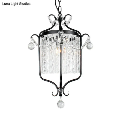 Retro Iron Pendant Light with Crystal Rod Drape - Scroll Frame Corridor Lamp (Black/White)