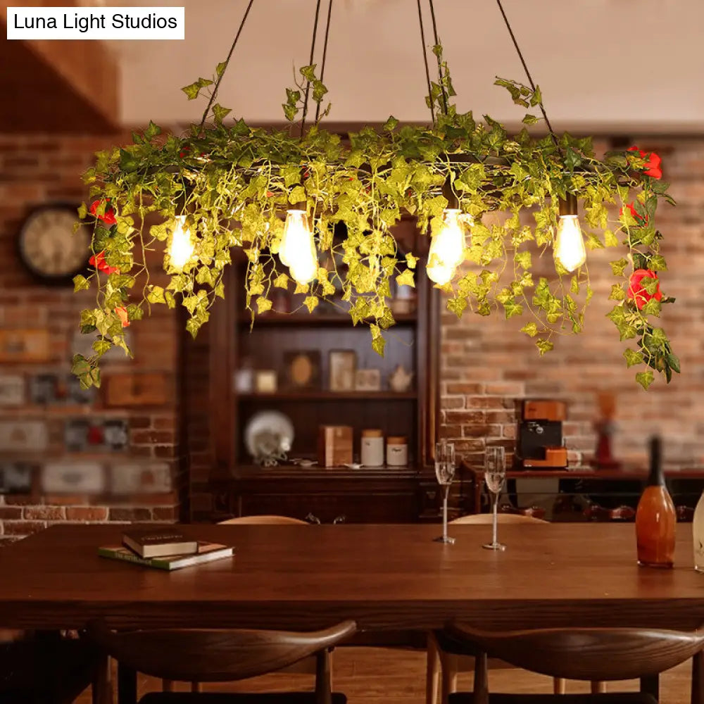 Retro Iron Wagon Wheel Chandelier - Black 1/3/6 Light Hanging Pendant with Decorative Plant