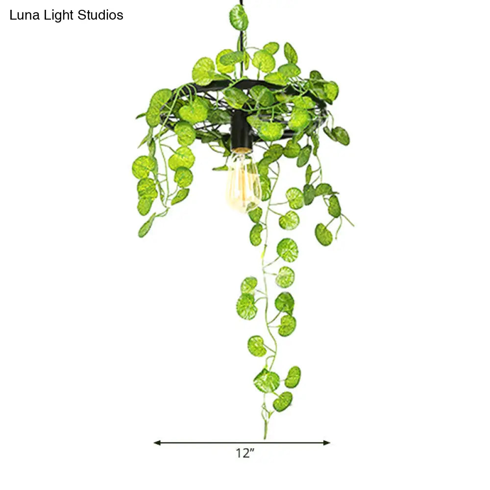 Retro Iron Wagon Wheel Chandelier - Black 1/3/6 Light Hanging Pendant with Decorative Plant