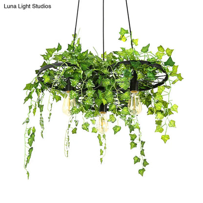 Retro Iron Wagon Wheel Chandelier - Black 1/3/6 Light Hanging Pendant with Decorative Plant