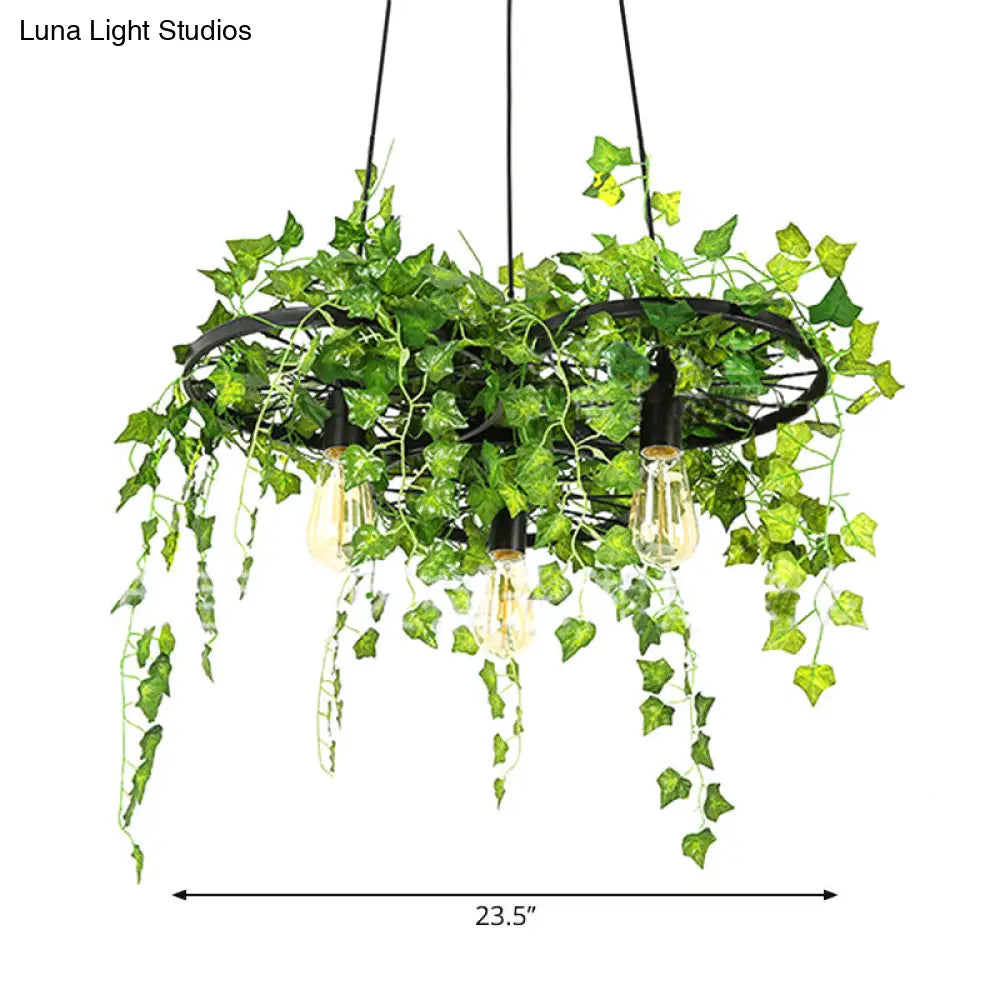 Retro Iron Wagon Wheel Chandelier - Black 1/3/6 Light Hanging Pendant with Decorative Plant