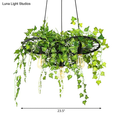Retro Iron Wagon Wheel Chandelier - Black 1/3/6 Light Hanging Pendant with Decorative Plant
