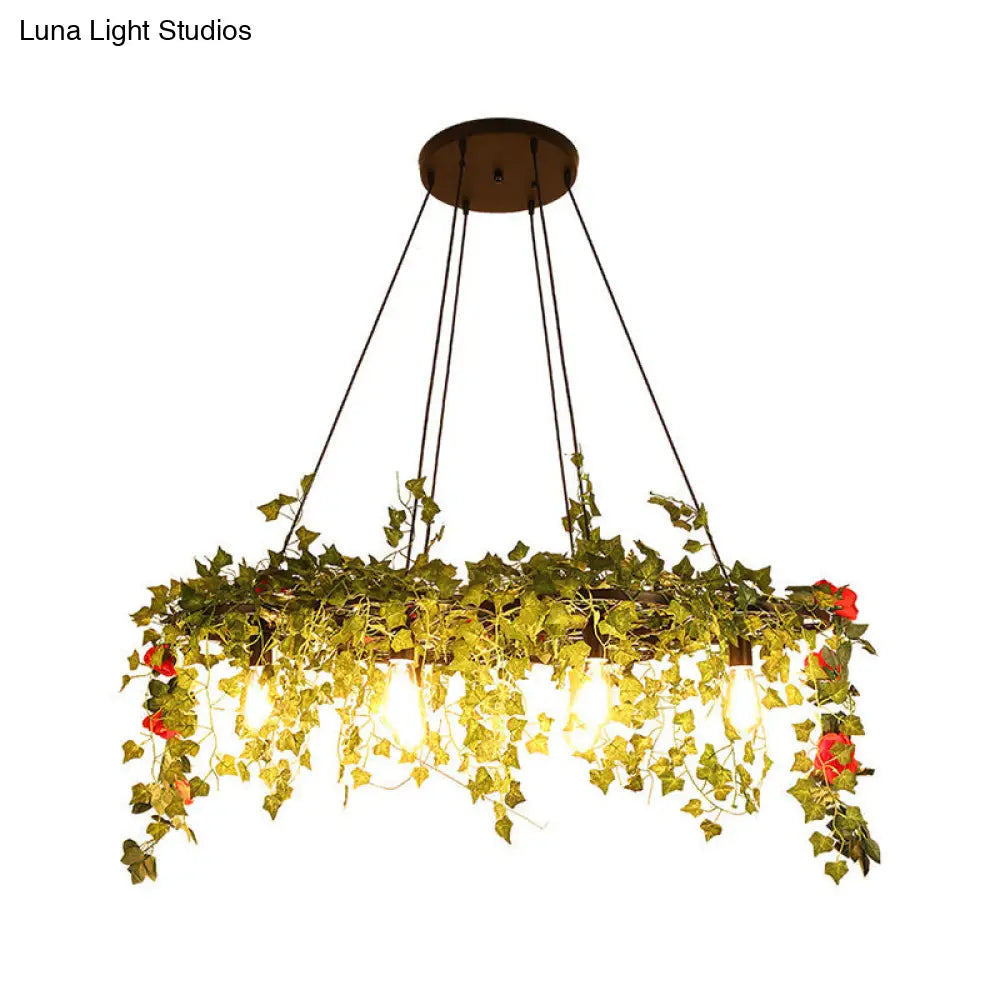 Retro Iron Wagon Wheel Chandelier - Black 1/3/6 Light Hanging Pendant with Decorative Plant