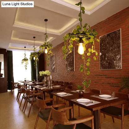 Retro Iron Wagon Wheel Chandelier - Black 1/3/6 Light Hanging Pendant with Decorative Plant