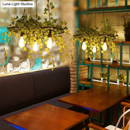 Retro Iron Wagon Wheel Chandelier - Black 1/3/6 Light Hanging Pendant with Decorative Plant