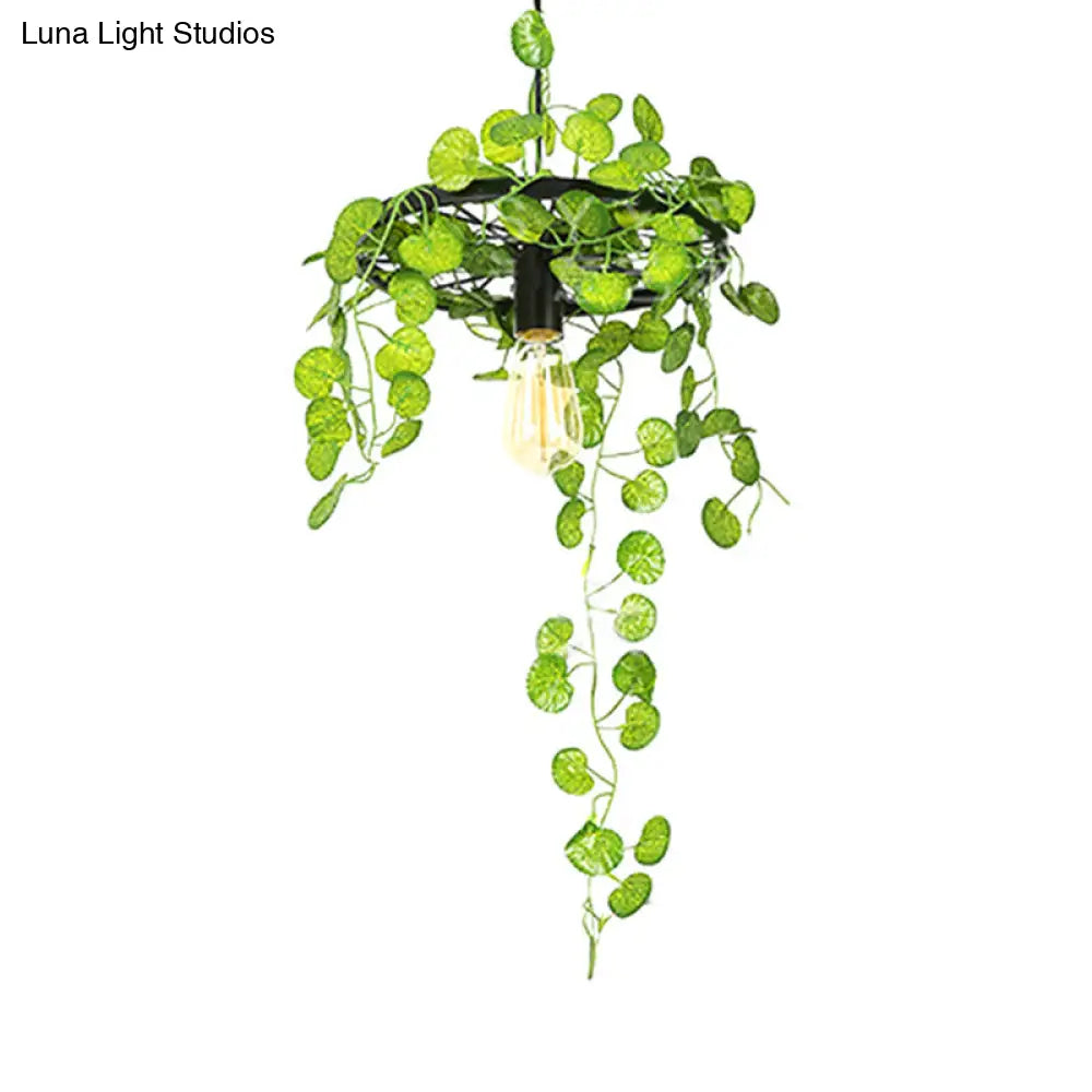 Retro Iron Wagon Wheel Chandelier - Black 1/3/6 Light Hanging Pendant with Decorative Plant