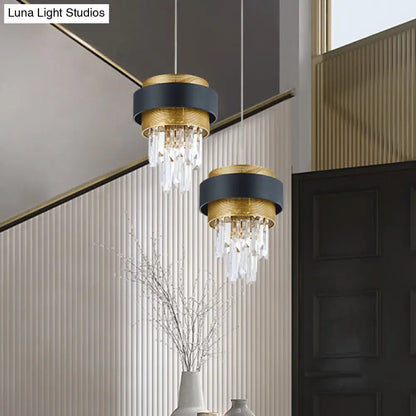 Retro Layered Hanging Lamp with Crystal Rod - 1 Bulb Suspension Lighting with Circle Guard in Black & Gold