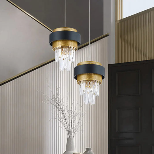 Retro Layered Hanging Lamp with Crystal Rod - 1 Bulb Suspension Lighting with Circle Guard in Black & Gold