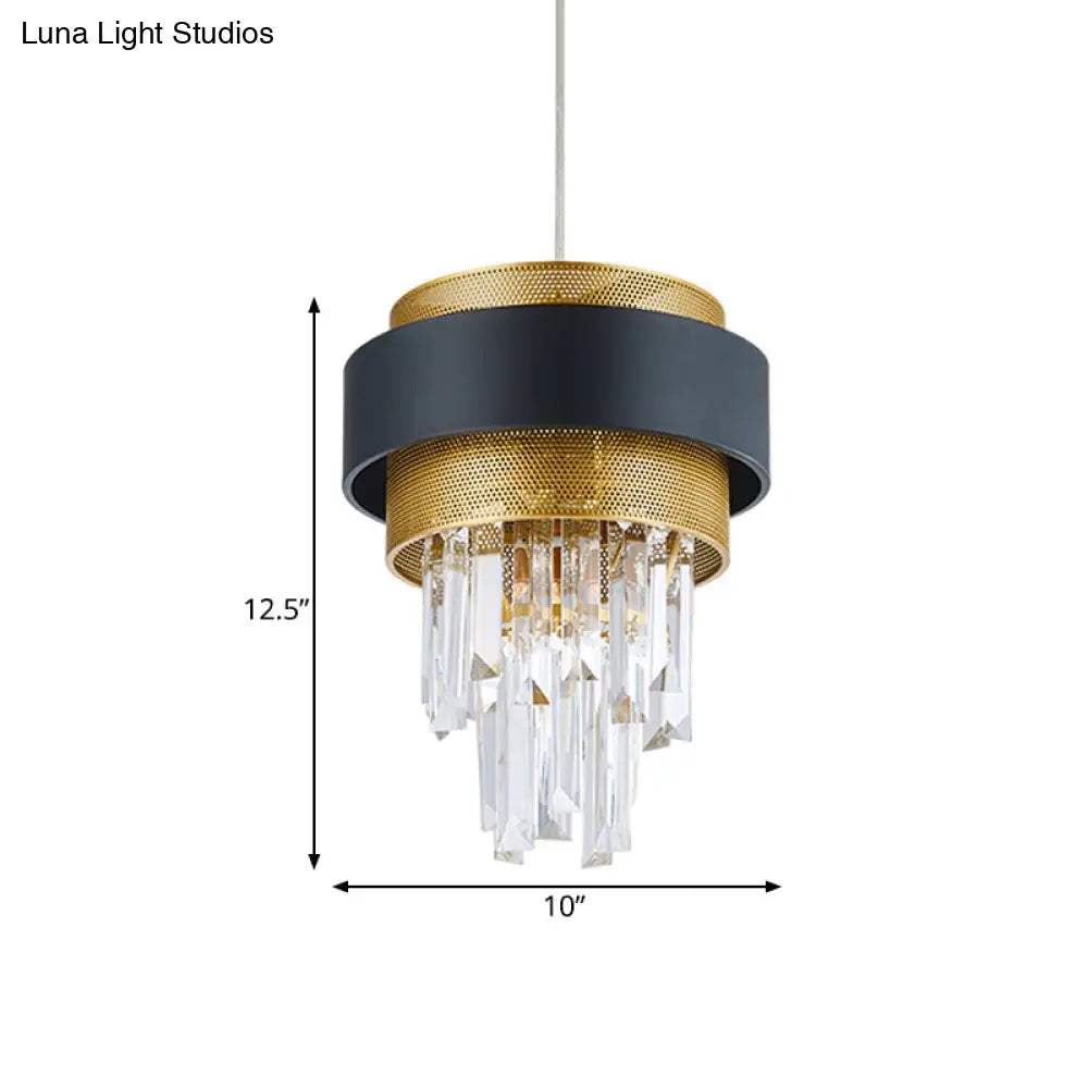 Retro Layered Hanging Lamp with Crystal Rod - 1 Bulb Suspension Lighting with Circle Guard in Black & Gold