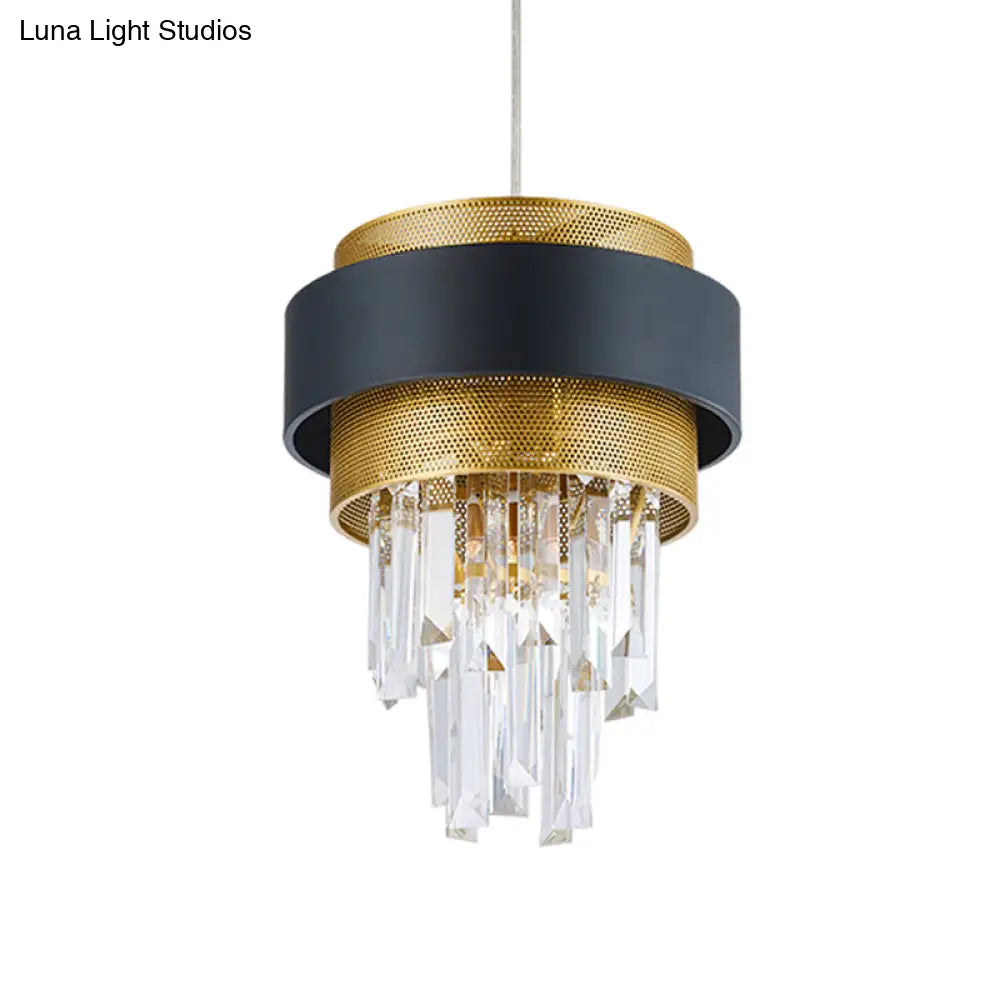 Retro Layered Hanging Lamp with Crystal Rod - 1 Bulb Suspension Lighting with Circle Guard in Black & Gold