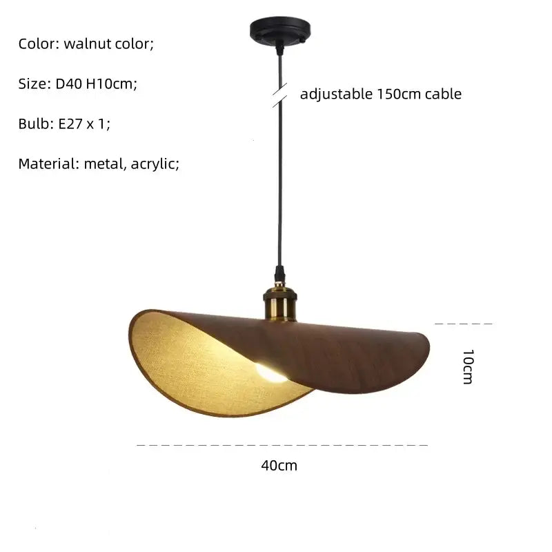 Walnut-colored retro leaf wooden hat pendant light with curved modern design metal and acrylic for dining room decorbites hat pendant