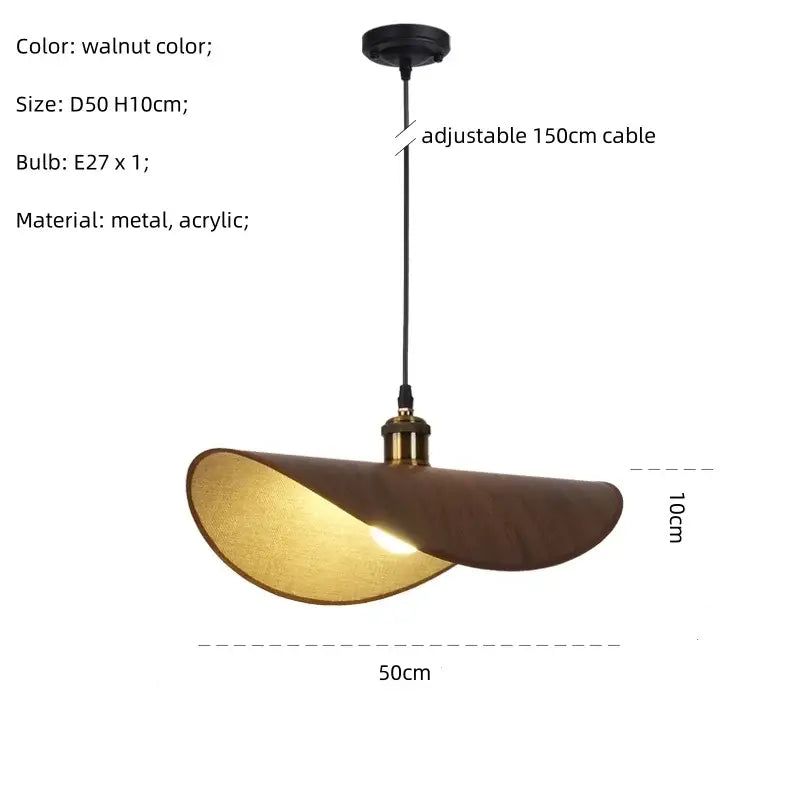 Walnut-colored retro leaf wooden hat pendant light with curved metal and acrylic design for dining room decorbites hat pendant