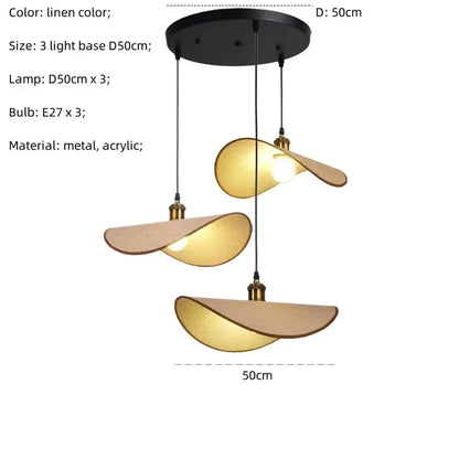Modern pendant light with three linen leaf-shaped acrylic shades suspended from a black metal decorbites hat pendant base