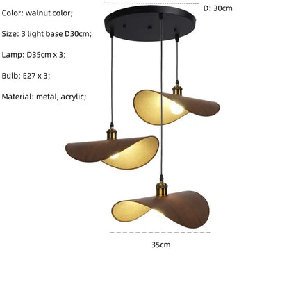 Modern walnut-colored decorbites hat pendant light with three curved acrylic shades and metal fixtures for dining room decor