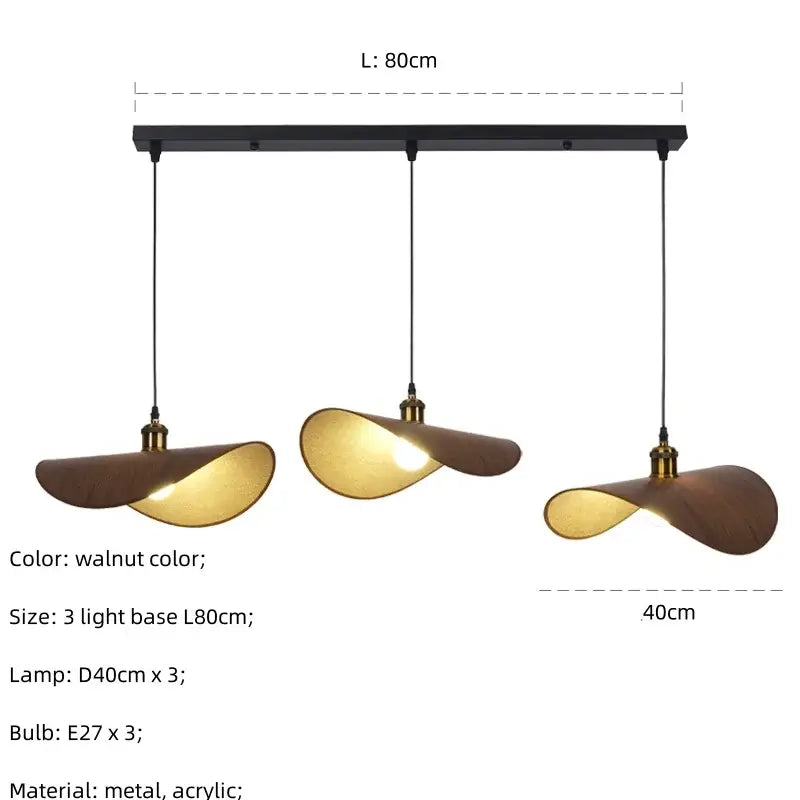 Modern walnut-colored pendant light with three curved leaf-shaped metal and acrylic shades for dining room decorbites hat pendant