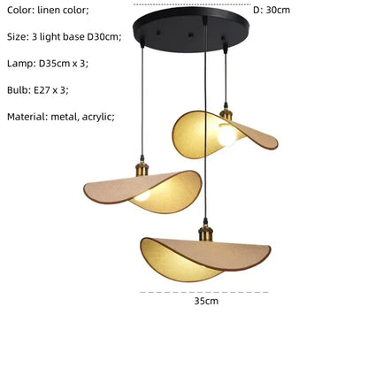 Modern three-light pendant light with linen leaf-shaped acrylic shades and metal fixtures for dining room decorbites hat pendant