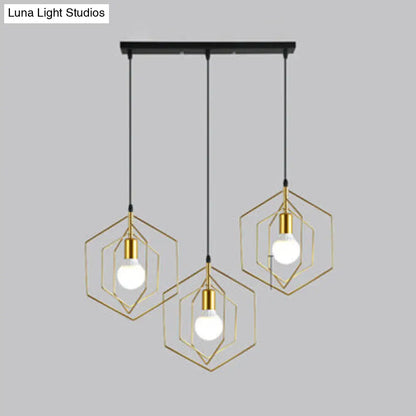 Retro Loft 3-Light Gold Hanging Pendant Light with Hexagon Metal Frame