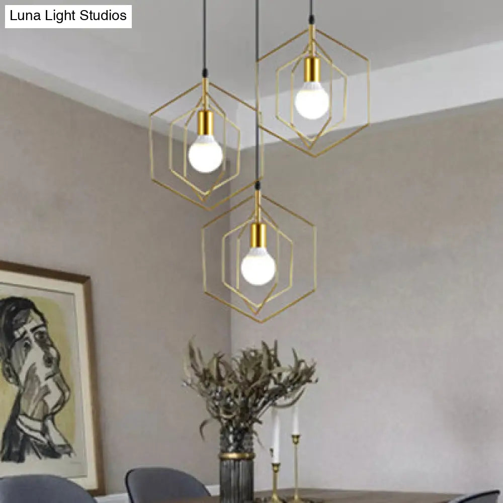 Retro Loft 3-Light Gold Hanging Pendant Light with Hexagon Metal Frame