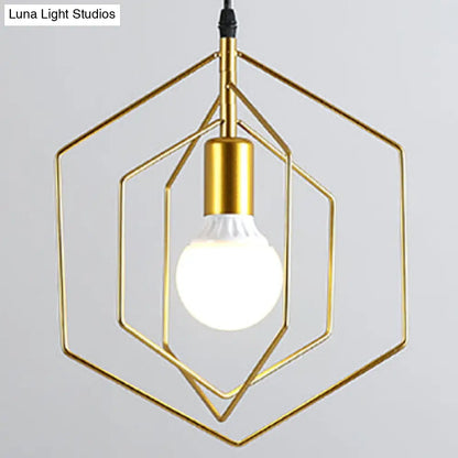 Retro Loft 3-Light Gold Hanging Pendant Light with Hexagon Metal Frame