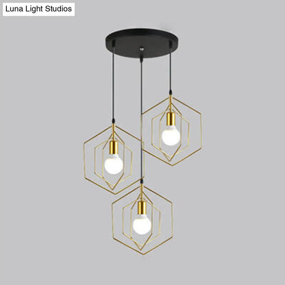 Retro Loft 3-Light Gold Hanging Pendant Light with Hexagon Metal Frame