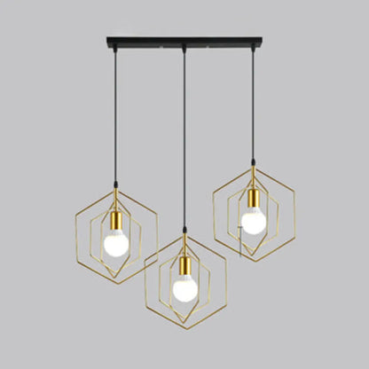 Retro Loft 3-Light Gold Hanging Pendant Light with Hexagon Metal Frame