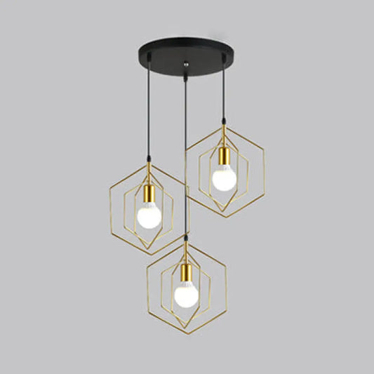 Retro Loft 3-Light Gold Hanging Pendant Light with Hexagon Metal Frame