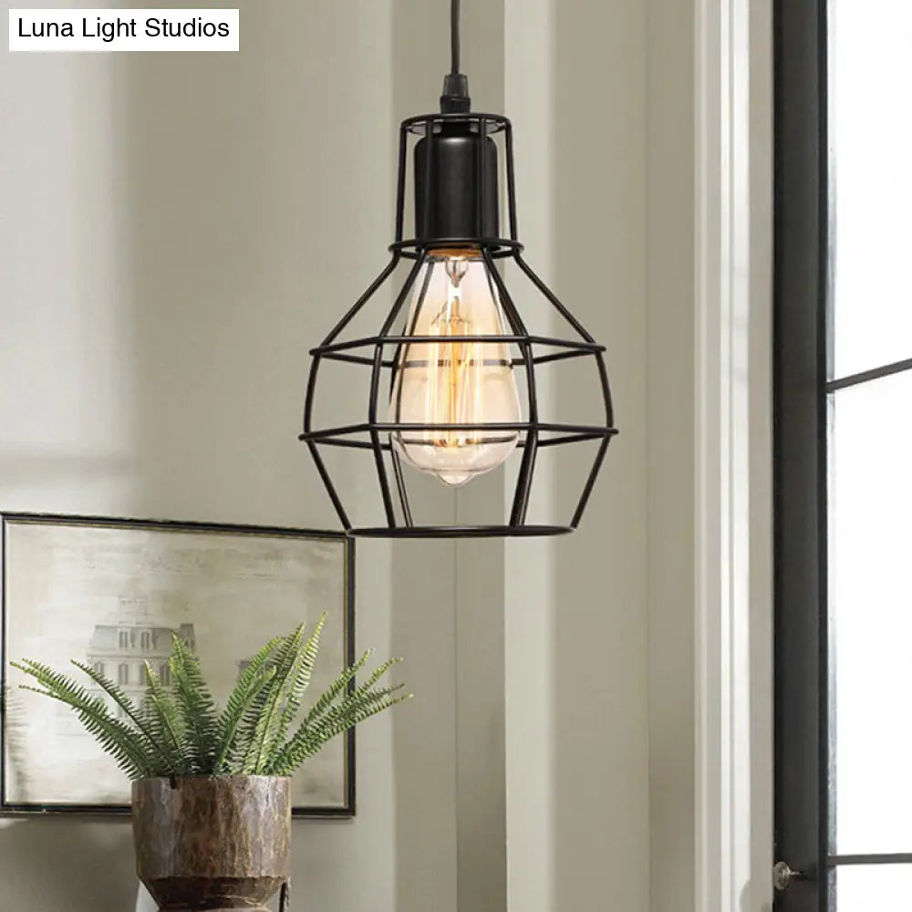 Retro Loft Black Metal Hanging Ceiling Light with Globe Cage Shade - Plug-In Suspension Light