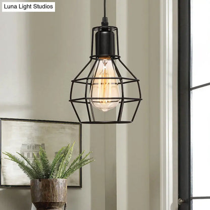 Retro Loft Black Metal Hanging Ceiling Light with Globe Cage Shade - Plug-In Suspension Light