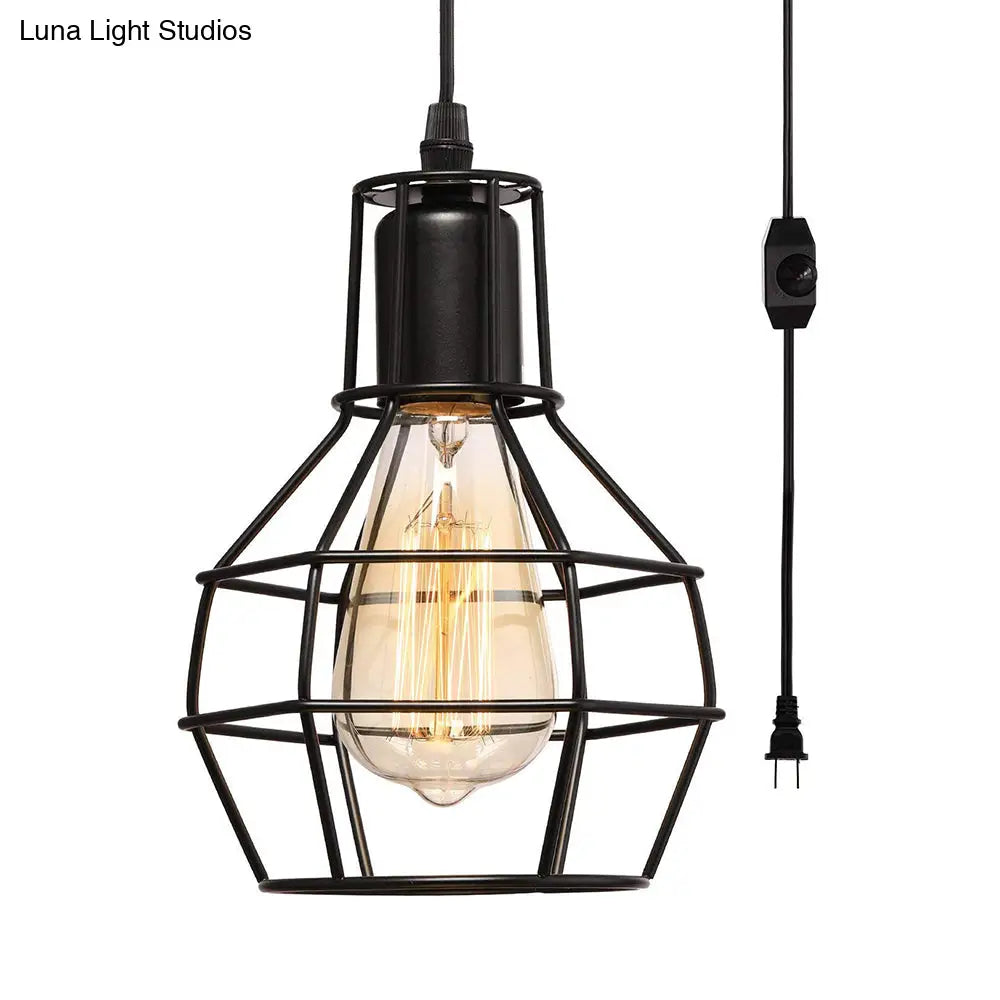 Retro Loft Black Metal Hanging Ceiling Light with Globe Cage Shade - Plug-In Suspension Light