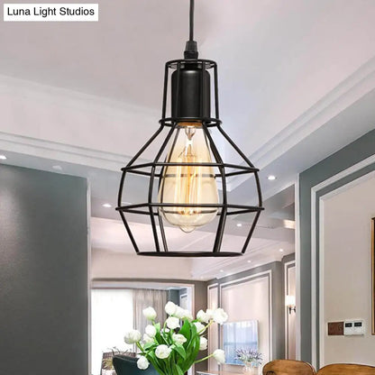 Retro Loft Black Metal Hanging Ceiling Light with Globe Cage Shade - Plug-In Suspension Light