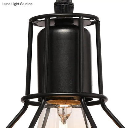 Retro Loft Black Metal Hanging Ceiling Light with Globe Cage Shade - Plug-In Suspension Light