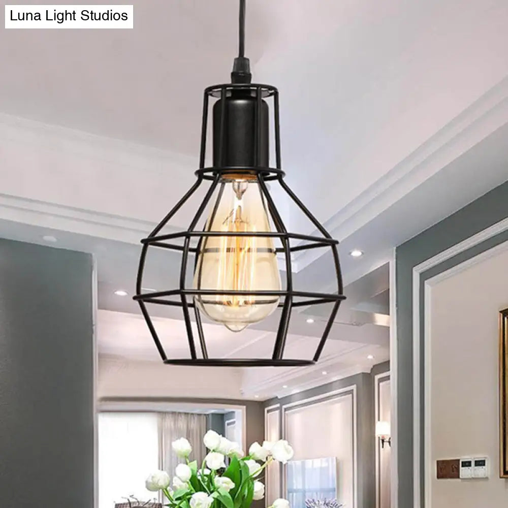 Retro Loft Black Metal Hanging Ceiling Light with Globe Cage Shade - Plug-In Suspension Light