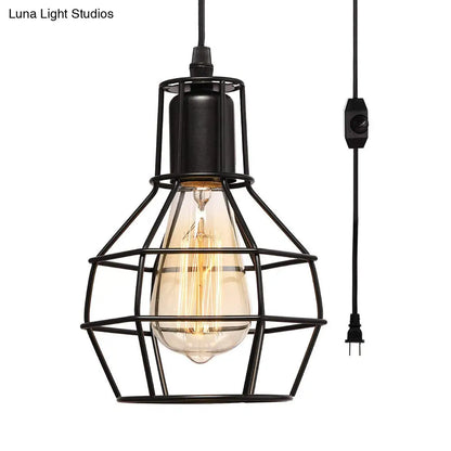 Retro Loft Black Metal Hanging Ceiling Light with Globe Cage Shade - Plug-In Suspension Light