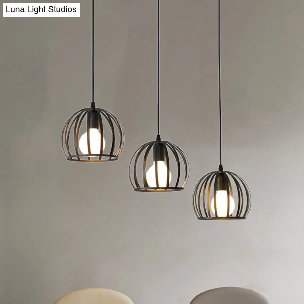 Retro Loft Dome Pendant Light with Cage Shade - Black, 3 Bulbs - Dining Room Ceiling Fixture