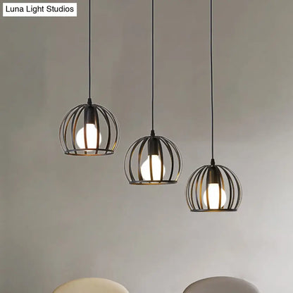 Retro Loft Dome Pendant Light with Cage Shade - Black, 3 Bulbs - Dining Room Ceiling Fixture