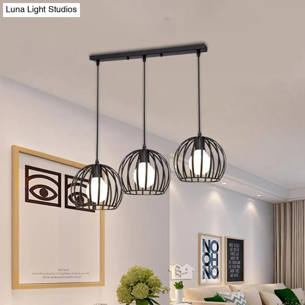 Retro Loft Dome Pendant Light with Cage Shade - Black, 3 Bulbs - Dining Room Ceiling Fixture