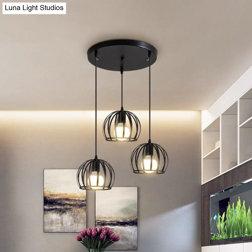 Retro Loft Dome Pendant Light with Cage Shade - Black, 3 Bulbs - Dining Room Ceiling Fixture