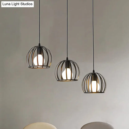 Retro Loft Dome Pendant Light with Cage Shade - Black, 3 Bulbs - Dining Room Ceiling Fixture