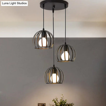 Retro Loft Dome Pendant Light with Cage Shade - Black, 3 Bulbs - Dining Room Ceiling Fixture