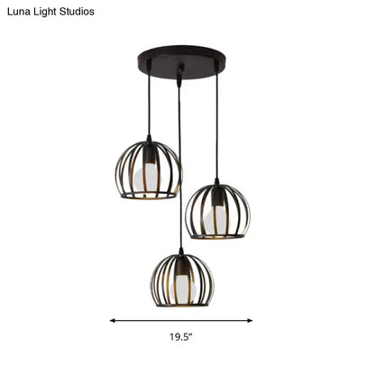 Retro Loft Dome Pendant Light with Cage Shade - Black, 3 Bulbs - Dining Room Ceiling Fixture