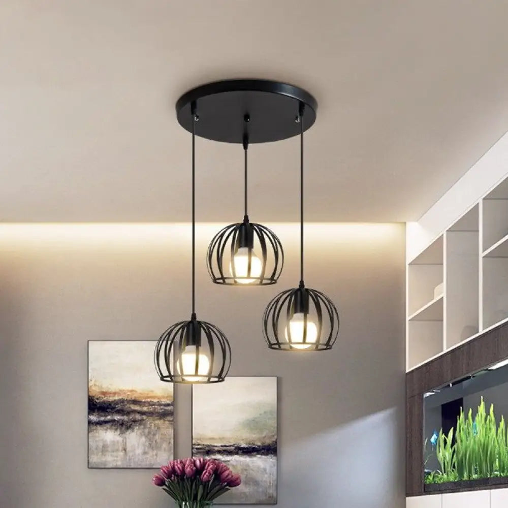 Retro Loft Dome Pendant Light with Cage Shade - Black, 3 Bulbs - Dining Room Ceiling Fixture