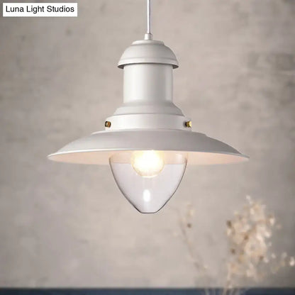 White industrial-style DecorBites™ pendant light with clear glass bulb and brass accents ceiling fixture for coffee shop