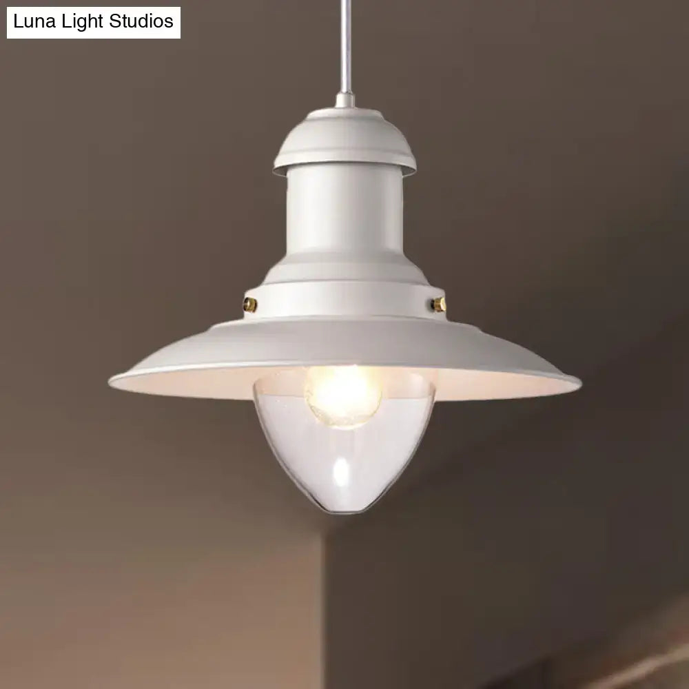 Decorbites™ retro loft saucer pendant light in white with brass accents matte finish ideal as coffee shop ceiling fixture