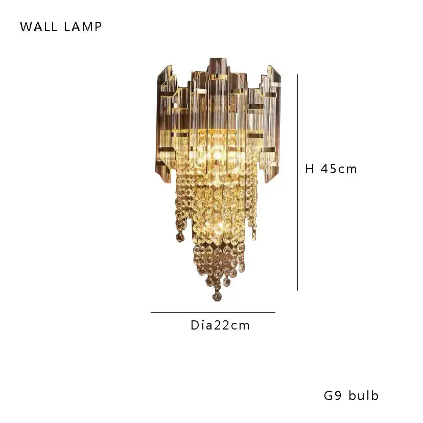 Gold-toned retro luxury pendant lights with tiered geometric glass panels and decorbites crystal bead ceiling design