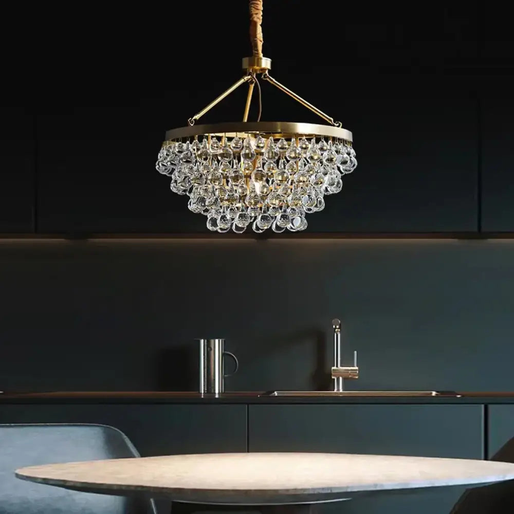 Gold-toned retro luxury pendant lights with cascading clear decorbites crystal bead ceiling droplets for dining room decor
