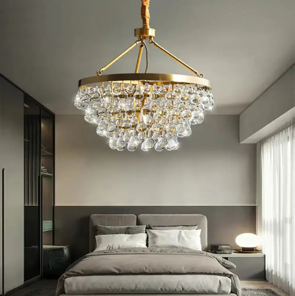 Retro luxury gold pendant lights with cascading clear crystal bead ceiling droplets by decorbites for dining room decor