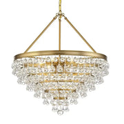 Multi-tiered pendant lights with a gold finished metal frame and cascading decorbites crystal bead ceiling droplets
