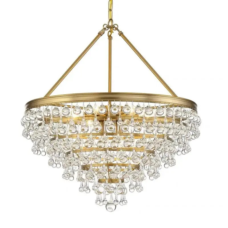 Multi-tiered pendant lights with a gold finished metal frame and cascading decorbites crystal bead ceiling droplets