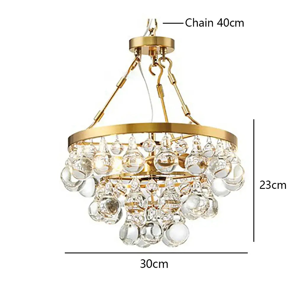 Retro luxury gold crystal bead ceiling pendant lights featuring a gold-finished chandelier with cascading clear crystal droplets