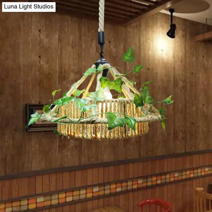 Retro Metal 1-Head Yellow LED Pendant Ceiling Light with Plant Decor - House Restaurant